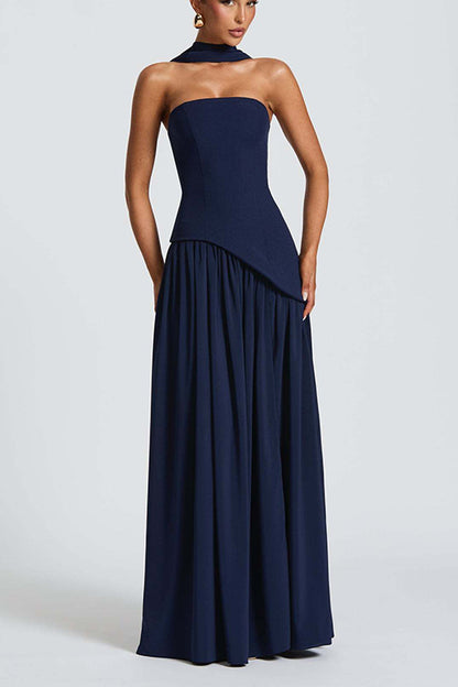 consonak Strapless Back Lace-up High Slit Splice Maxi Dress