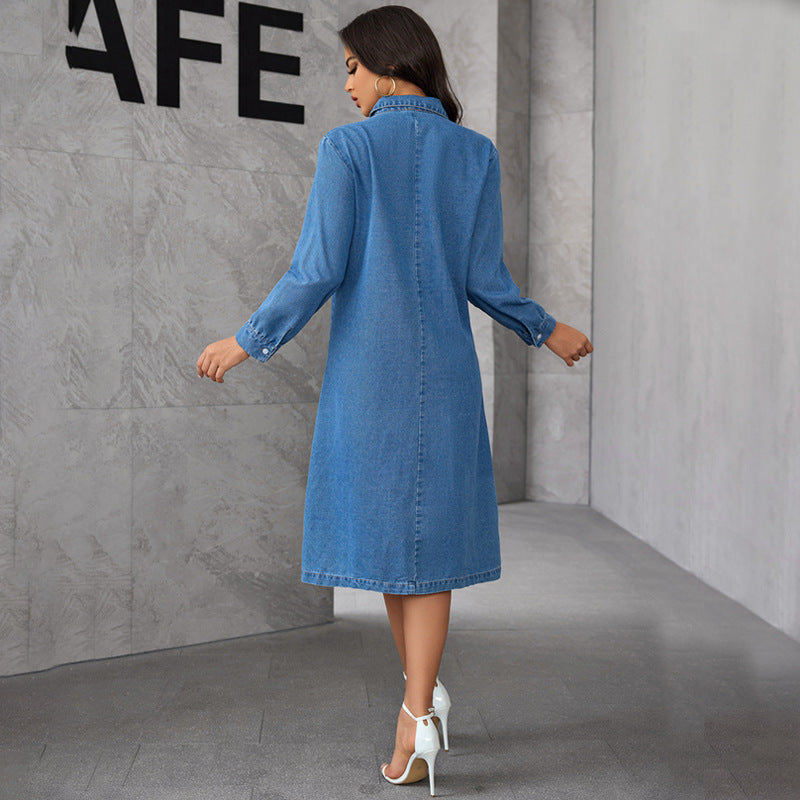 Pointed Collar Button Placket V-Yoke Long Sleeve Denim Midi Dress