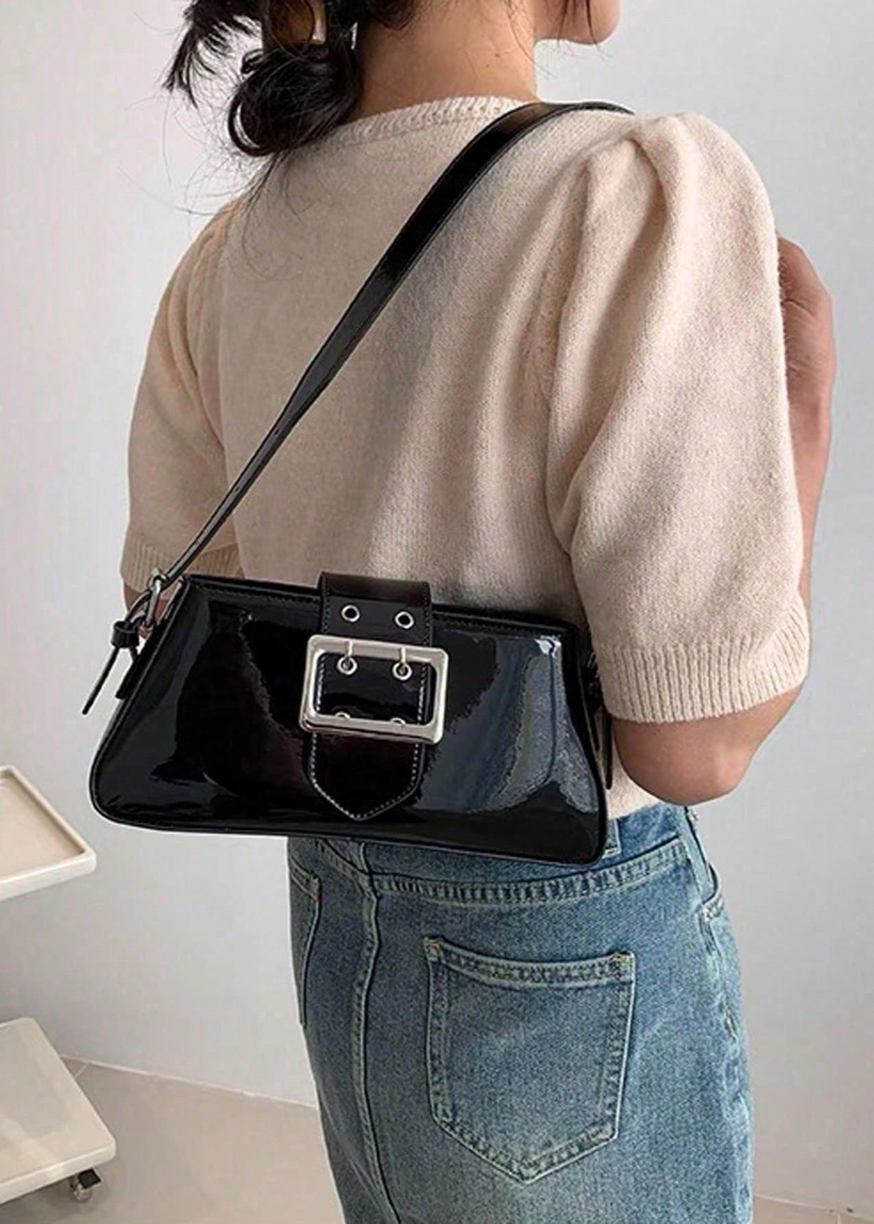 Glossy-Buckle Patent Leather Bag