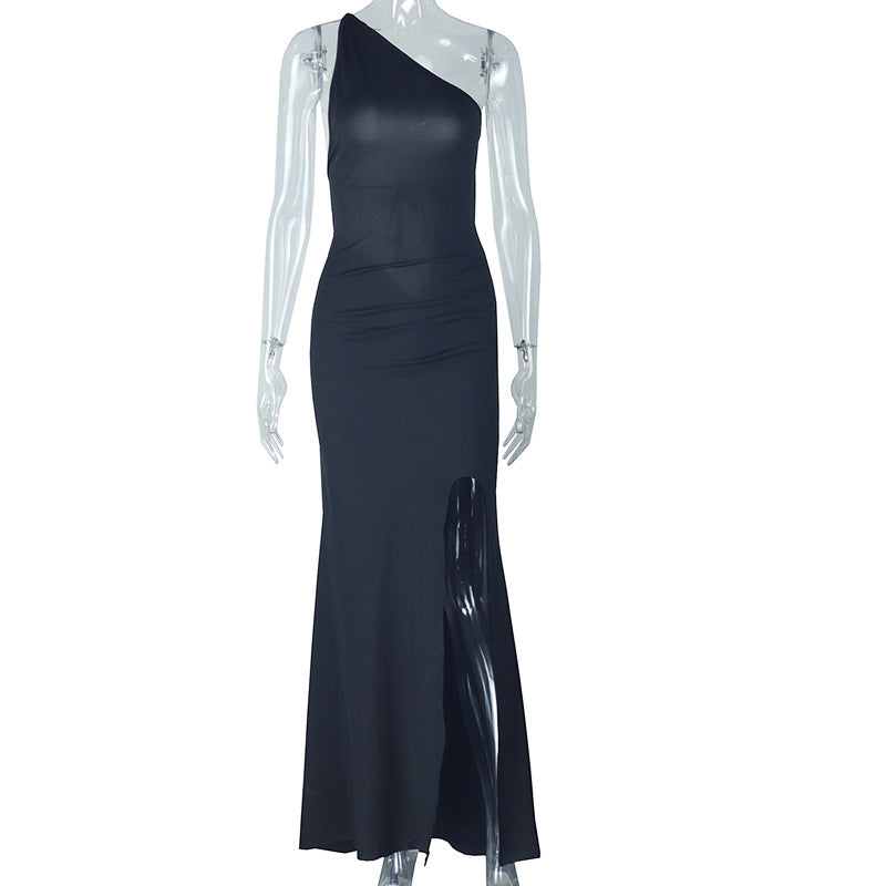 One Shoulder Ruched Thigh Slit Bodycon Maxi Gown