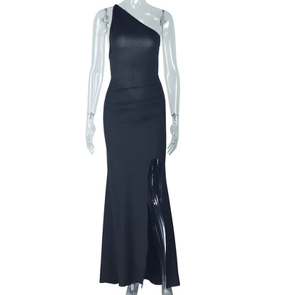 One Shoulder Ruched Thigh Slit Bodycon Maxi Gown