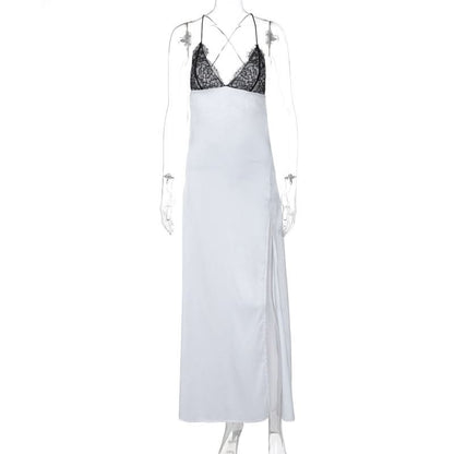 Cross back self tie spaghetti strap v neck slit maxi dress