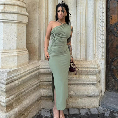 Shoulder Solid Color Split Sleeveless Slim Fit Dress