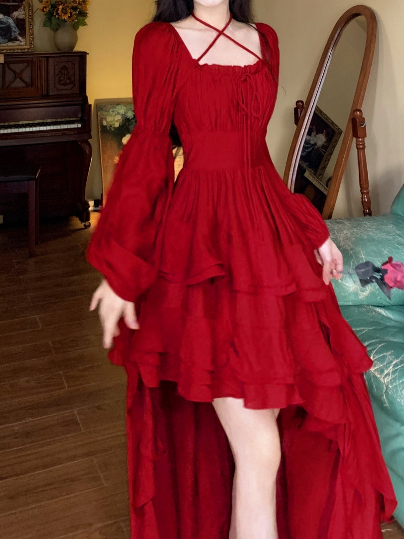 Red Princess-Inspired Lace-Up Gown Plus Size Fit & Flare Statement Dress gunne sax vintage dress