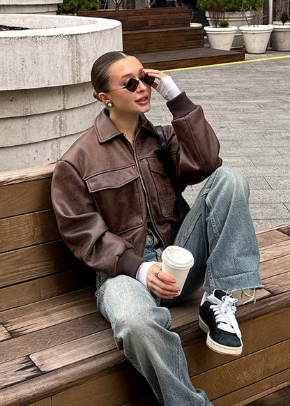 Rustlane - Distressed Faux Leather Zip Jacket