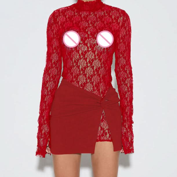 High neck long sleeve lace mini skirt set