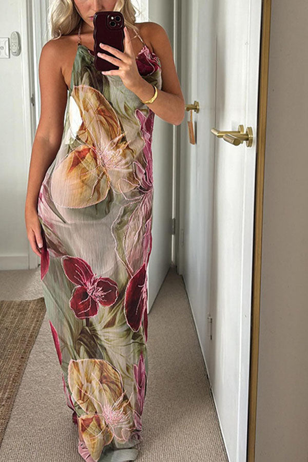Floral Print Sexy Backless Slit See-Through Holiday Maxi Dress