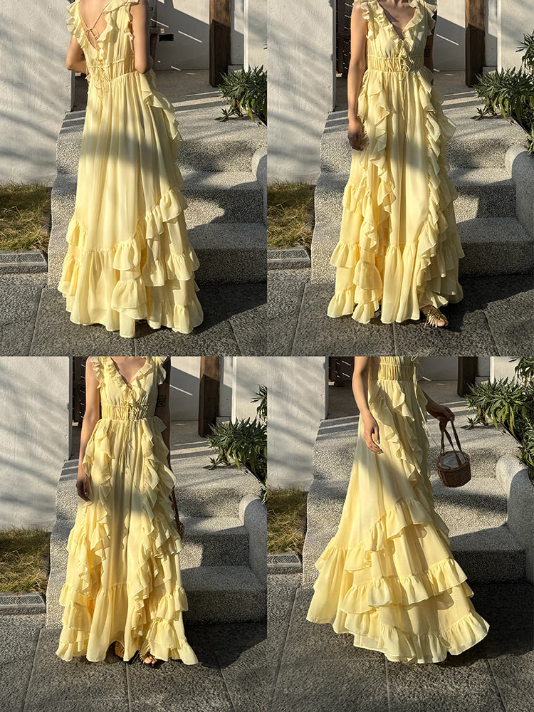 Sunset Ruffle Asymmetrical Maxi Dress Romantic Flowy Vacation Look gunne sax vintage dress