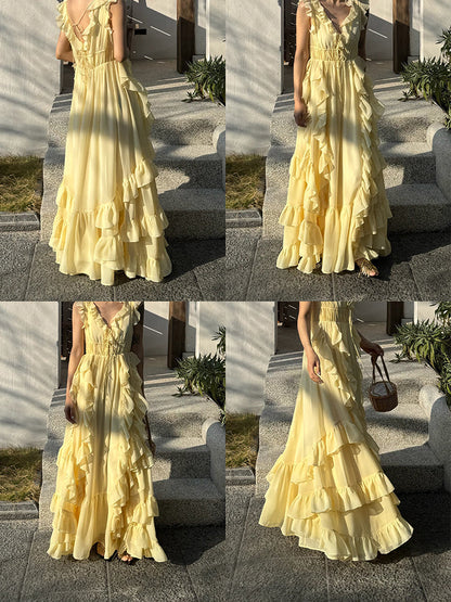 Sunset Ruffle Asymmetrical Maxi Dress Romantic Flowy Vacation Look gunne sax vintage dress