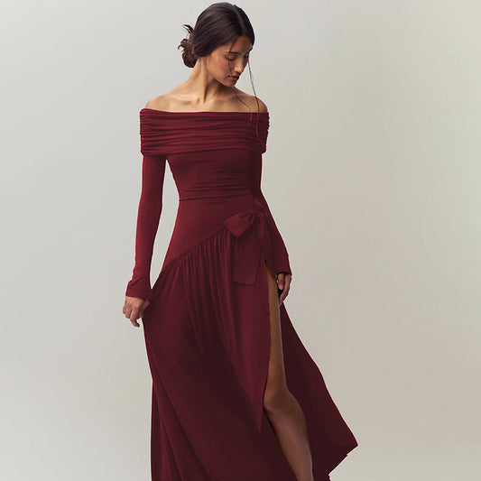 off Shoulder Hollow Out Cutout Solid Color Bow Long Sleeve Split