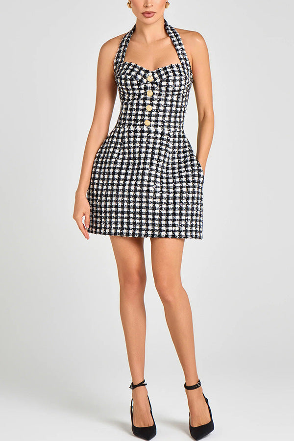 Mila Check Bouclé-tweed Fabric Halter Sweetheart Neck Gold Button Pocketed Mini Dress