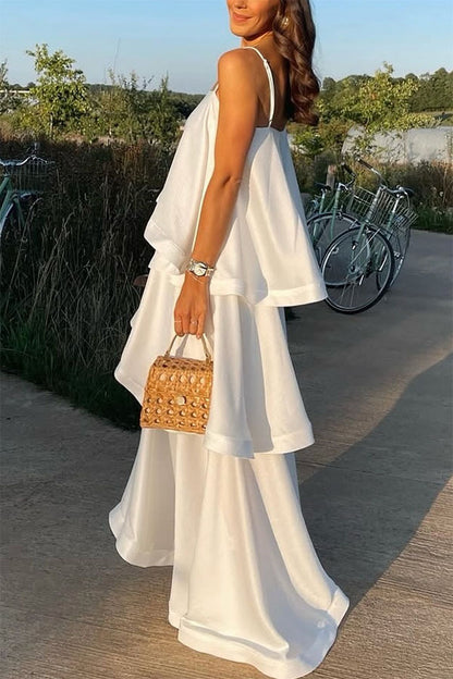 Soft and Smooth Satin Tiered Slip Square Neck A-line Maxi Dress