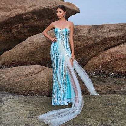 Long Sequined Cocktail Ribbon Evening Dress Bridesmaid Dress