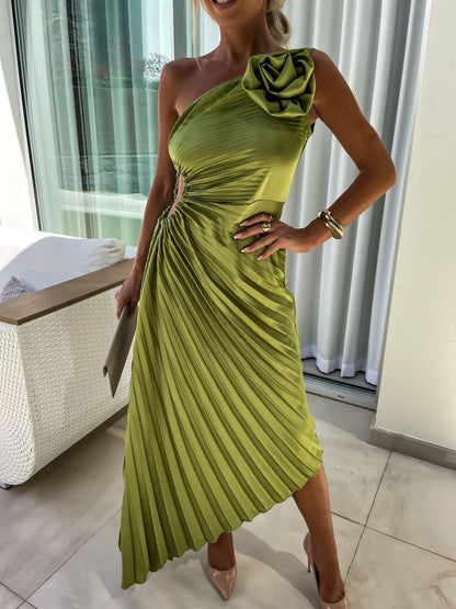 Romantic Nights Satin Raised Flower Elastic Cutout One Shoulder Pleated Maxi Dress