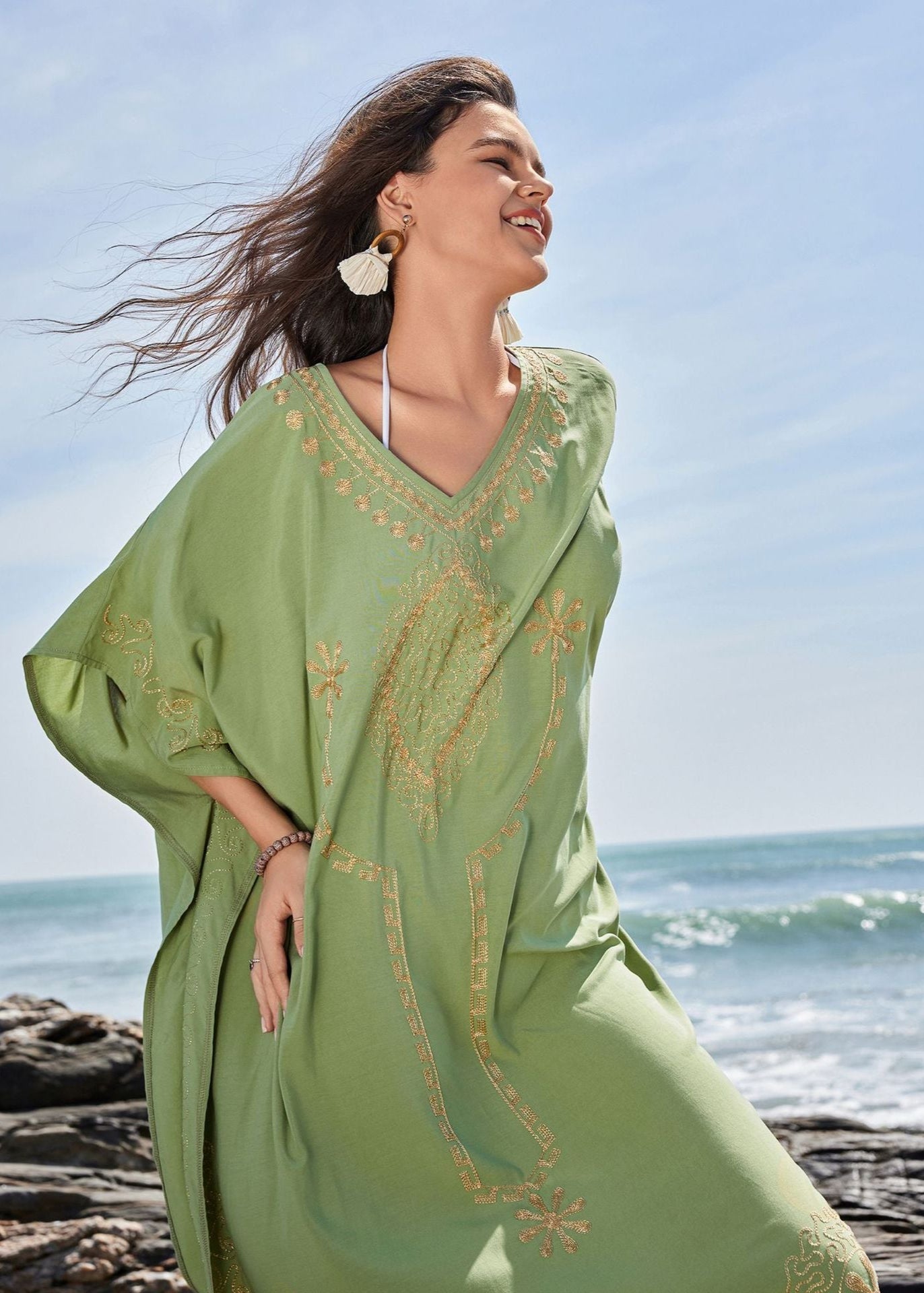 Oasis Serenity - Embroidered Caftan Maxi Dress
