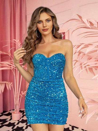Blue Tube Top Boning Corset Sequins Short Dress