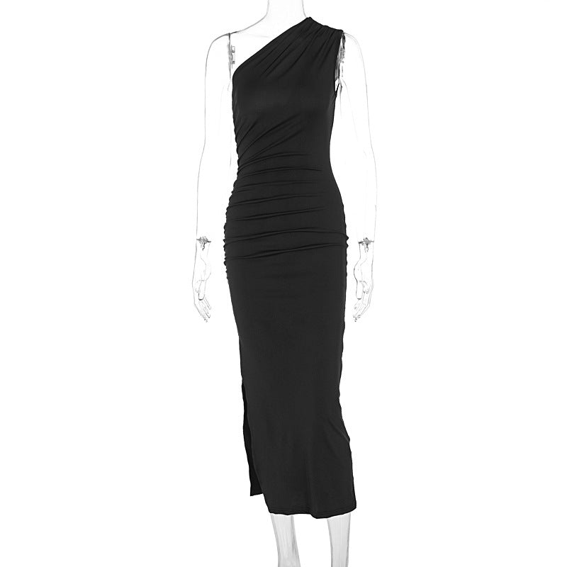 Shoulder Solid Color Split Sleeveless Slim Fit Dress