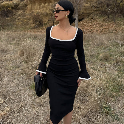 Square Neck Contrast Trim Bell Cuff Knit Bodycon Midi Dress