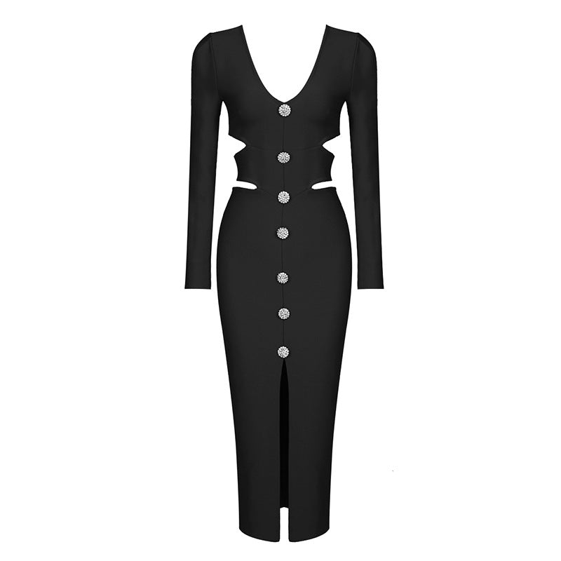 Rhinestone Button Deep V Waist Cutout Long Sleeve Front Slit Midi Dress