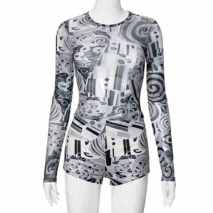 Long sleeve abstract mesh see through pant set