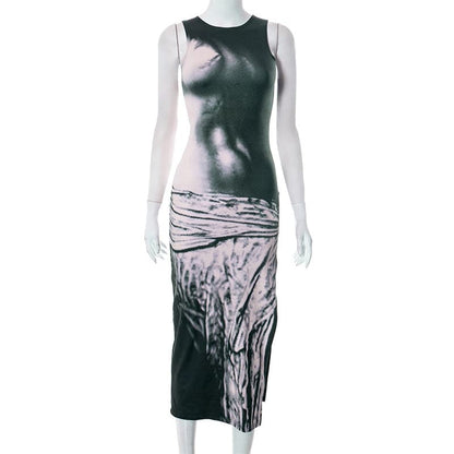 Crew Neck Contrast Graphic Print Side Slit Bodycon Maxi Dress