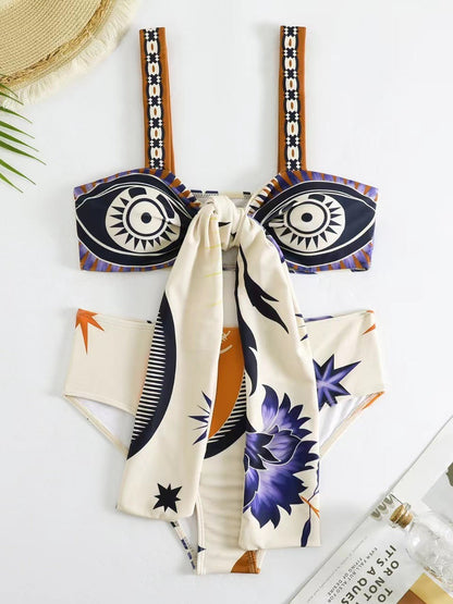Boho Print Lace up Bikini & Short Swimsuit Set with Skirt