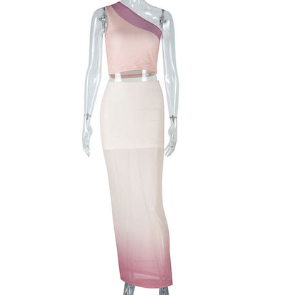 Irregular one shoulder mesh gradient maxi skirt set