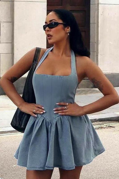 Brooklyn Edge - Halter Denim Mini Dress