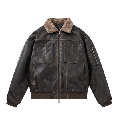 PU Leather Jacket with Lamb Wool Collar