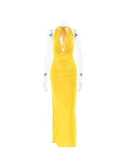 V Halter Neck Backless Split Dress