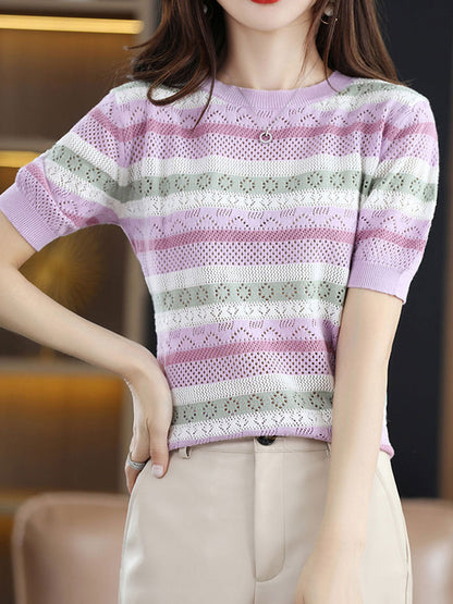 Bella Elegant Crew Neck Hollowed Knitted Sweater