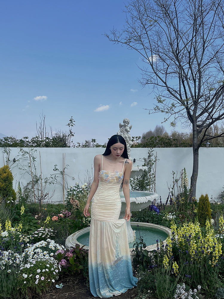 Miyama Bloom Hand-Embroidered Gradient Ruched Dress Artistic Floral Gown