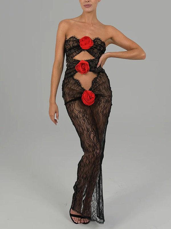 Floral Lace Rose Tube Cutout See through Maxi Dress