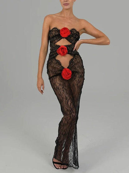 Floral Lace Rose Tube Cutout See through Maxi Dress