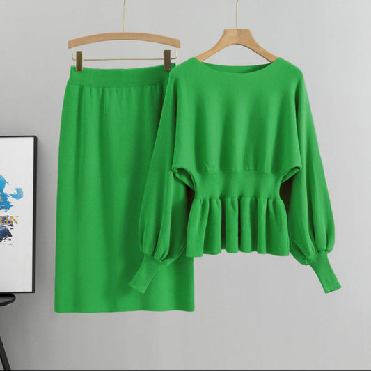 Green - Long-Sleeve Bodycon Skirt Two Piece Set
