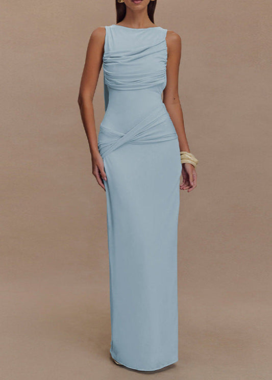 Celeste Draped Back Gown – Light Blue Open Back Maxi with Side Slit