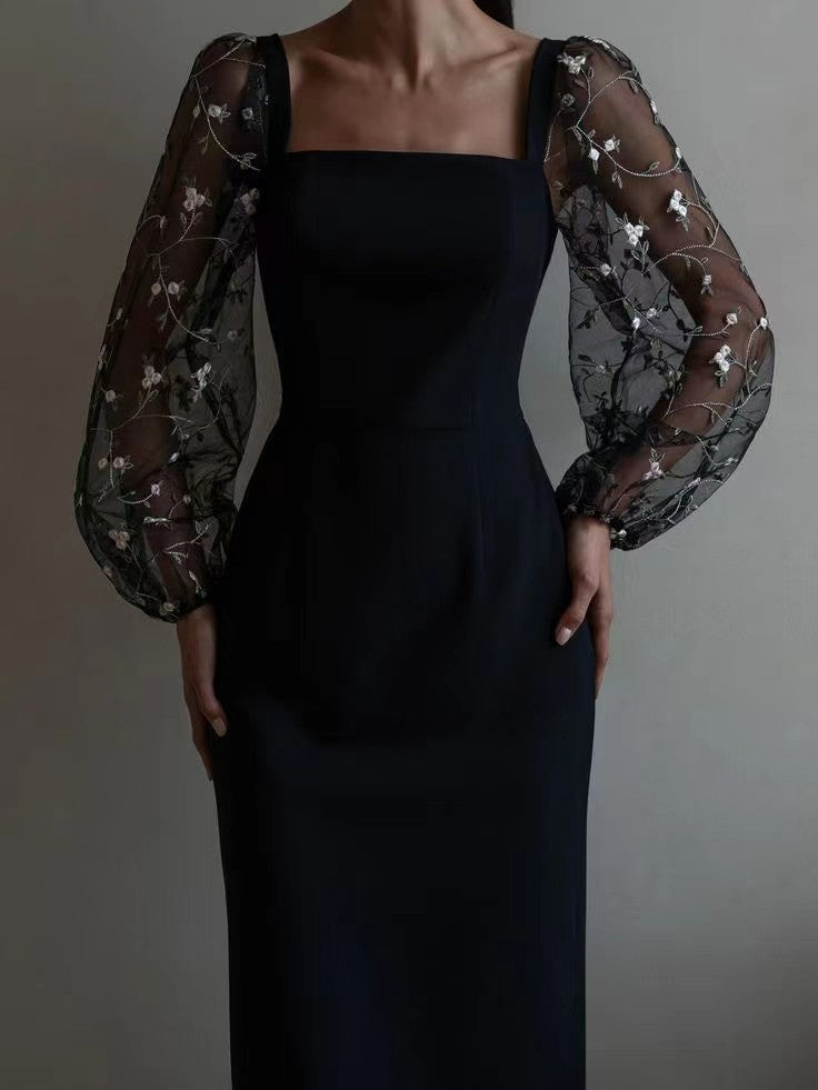 Square Neck Fishnet Embroidery Stitching Hip Dress
