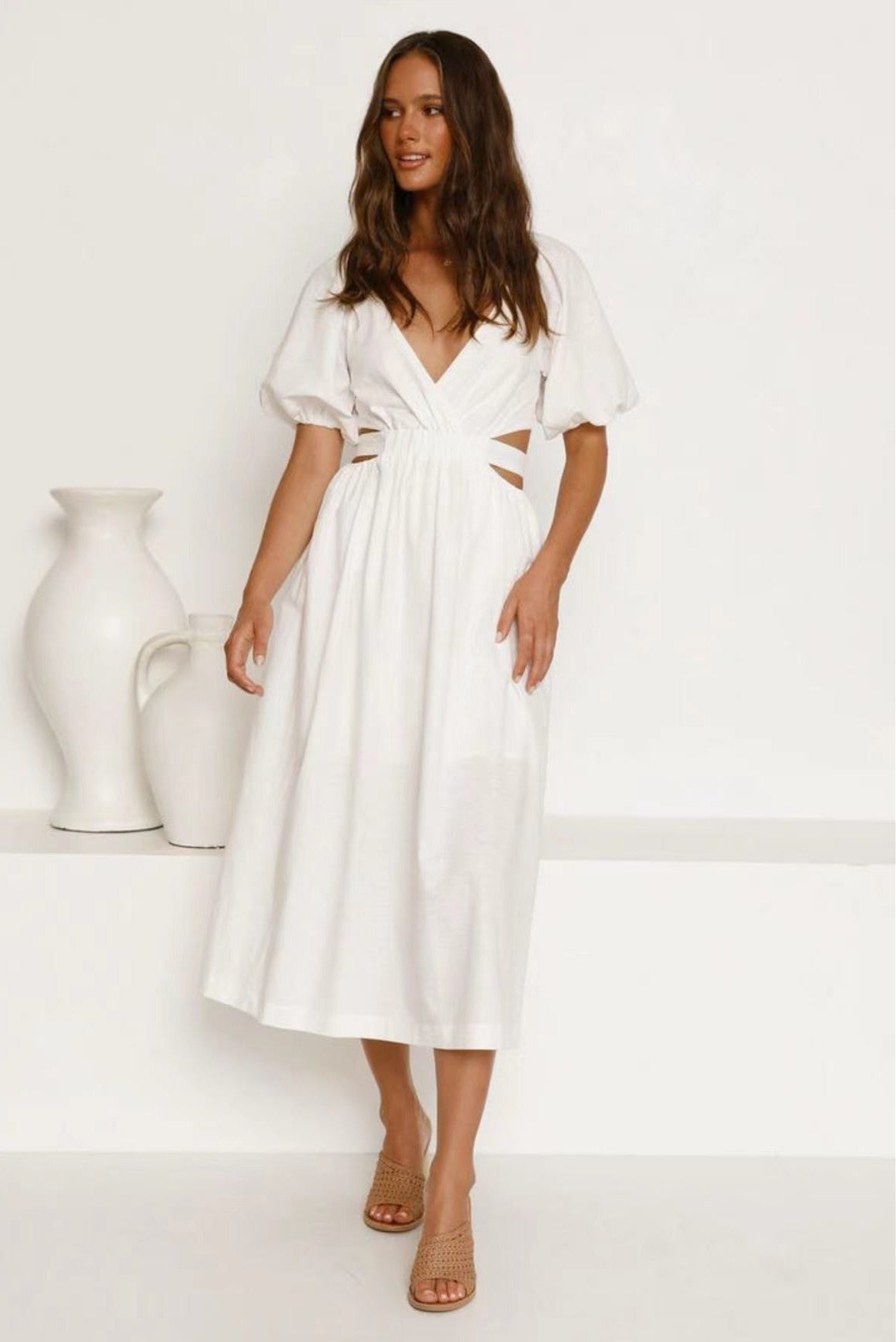 Deep V-Neck Puff Sleeve Side Cut Out Smocked Waist A-Line Midi Dress