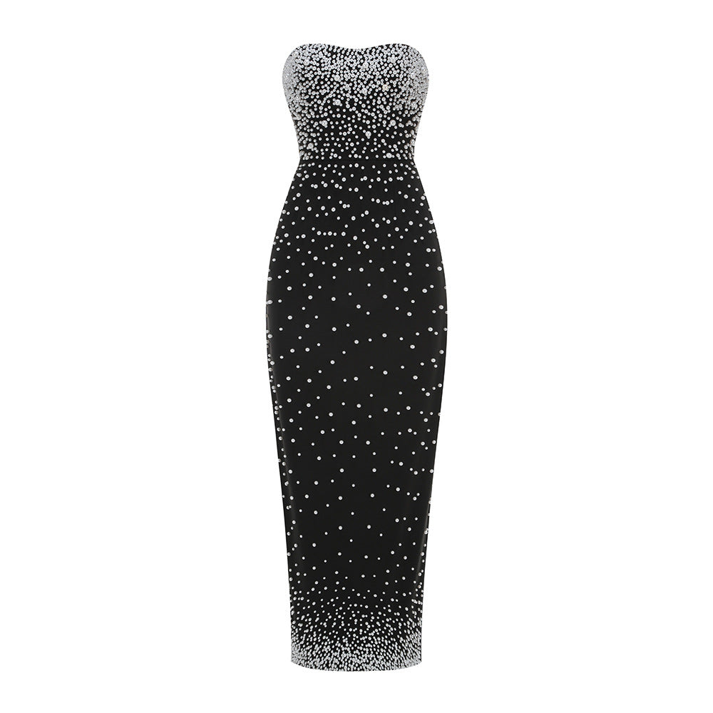 Strapless Pearl-Embellished Floor-Length Gown Party Dress