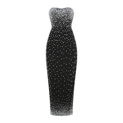 Strapless Pearl-Embellished Floor-Length Gown Party Dress
