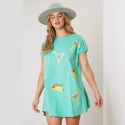 Taco Margarita Sequin Applique Crew Neck T-Shirt Mini Dress
