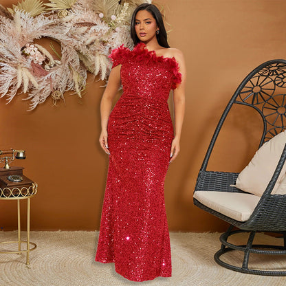 One Shoulder Feather Trim Sequin Ruched Bodycon Maxi Gown