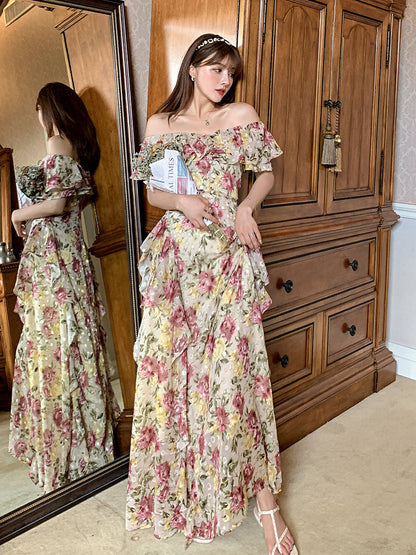 French Court-Style Plus Size Maxi Dress Ruffled Off-Shoulder Chiffon Dream gunne sax vintage dress