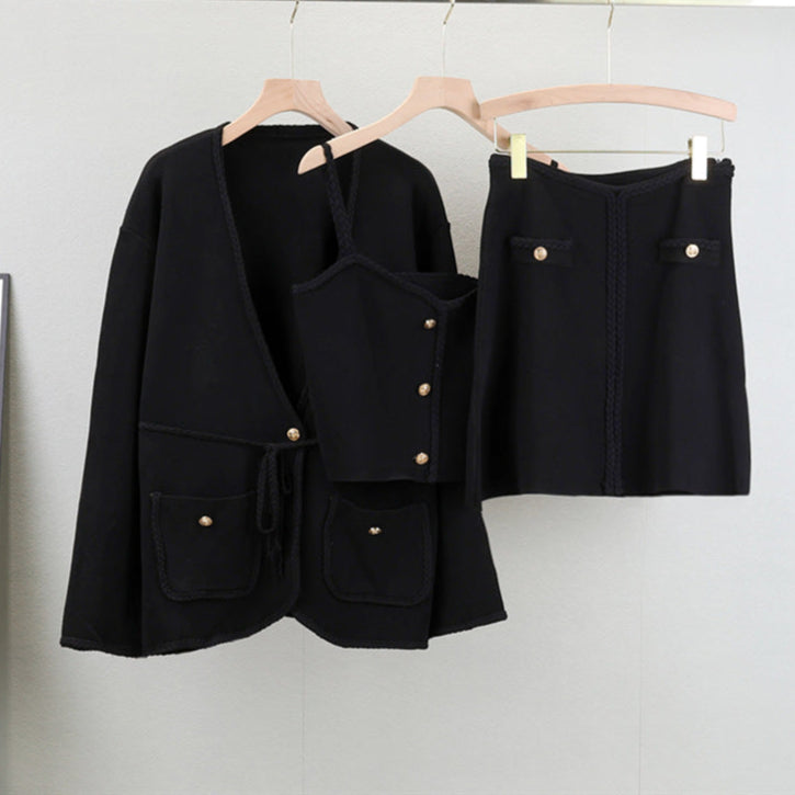 Black – Knit Long Sleeve Cardigan Three Piece Set