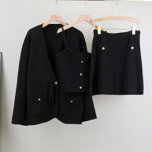 Black – Knit Long Sleeve Cardigan Three Piece Set