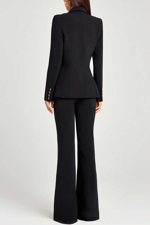 Women Power Metal Cross Snap Button Long Sleeve Lapel Blazer