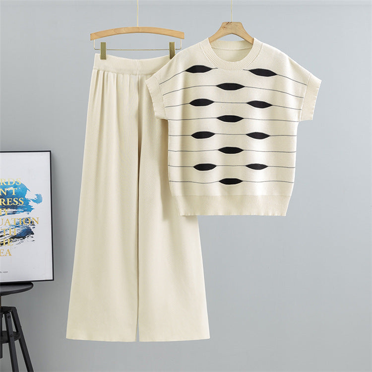 Apricot – Casual Striped Short-Sleeve Two Piece Set