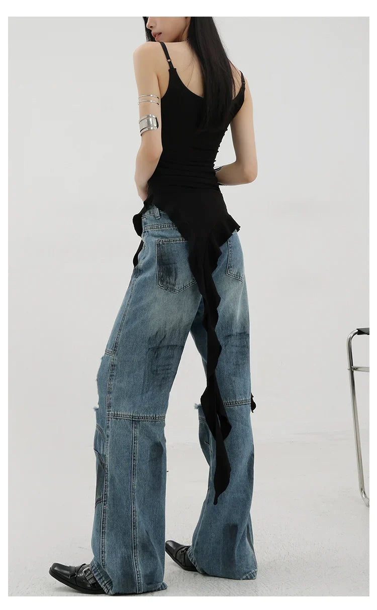 Vintage Distressed And Dirt-Dyed Patchwork Wide-Leg Jeans
