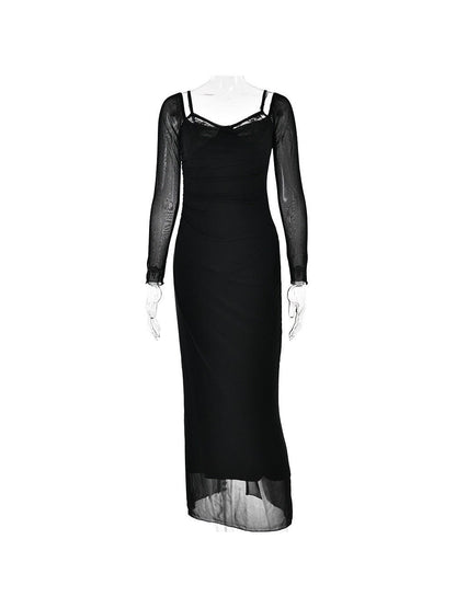 Black Spaghetti Strap Backless Tight Split Maxi Dress