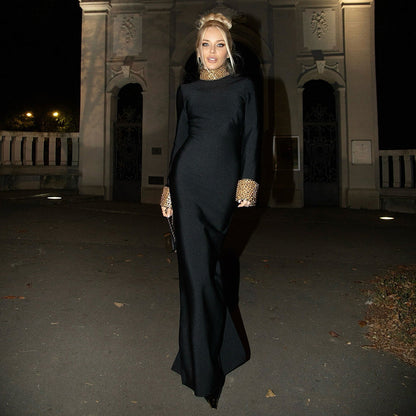 Mock Neck Rhinestone Embellished Collar and Cuff Long Sleeve Bodycon Maxi Gown